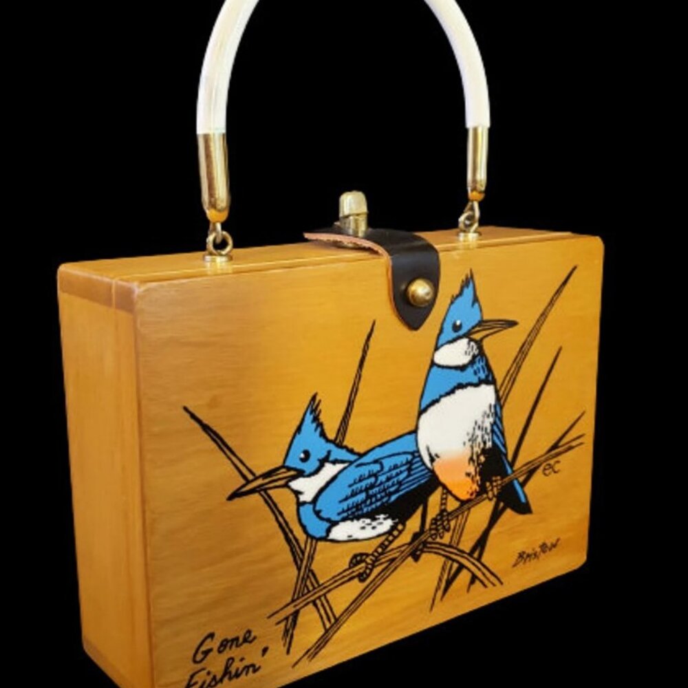 Collins of Texas Gone Fishin' Wood Purse by Bill Bristow - Vintage 70's 1 owner!